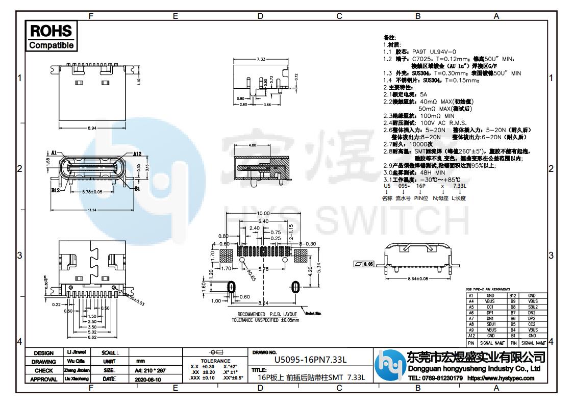 TYPE-C母座16P板上型斜口7.33L尺寸图