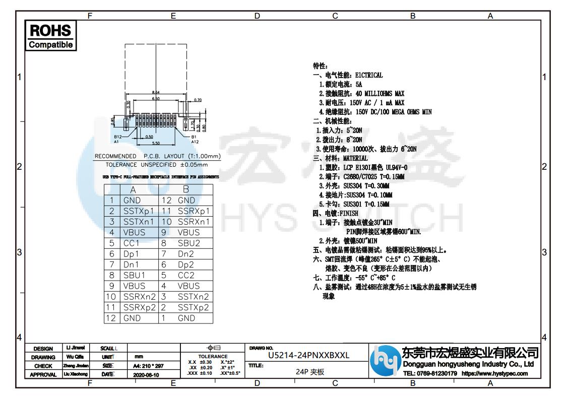 TYPE-C母座24P夹板 0.8 1.0 尺寸图