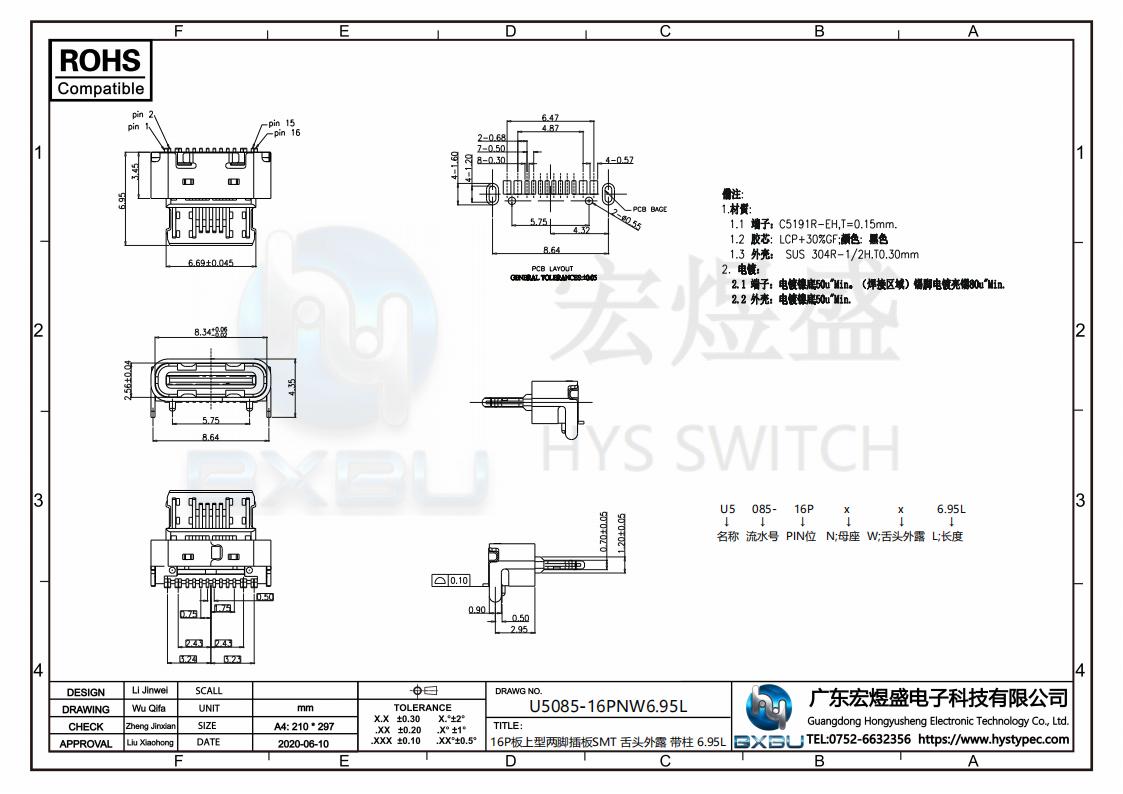 16PTYPE-C母座舌片外露尺寸图