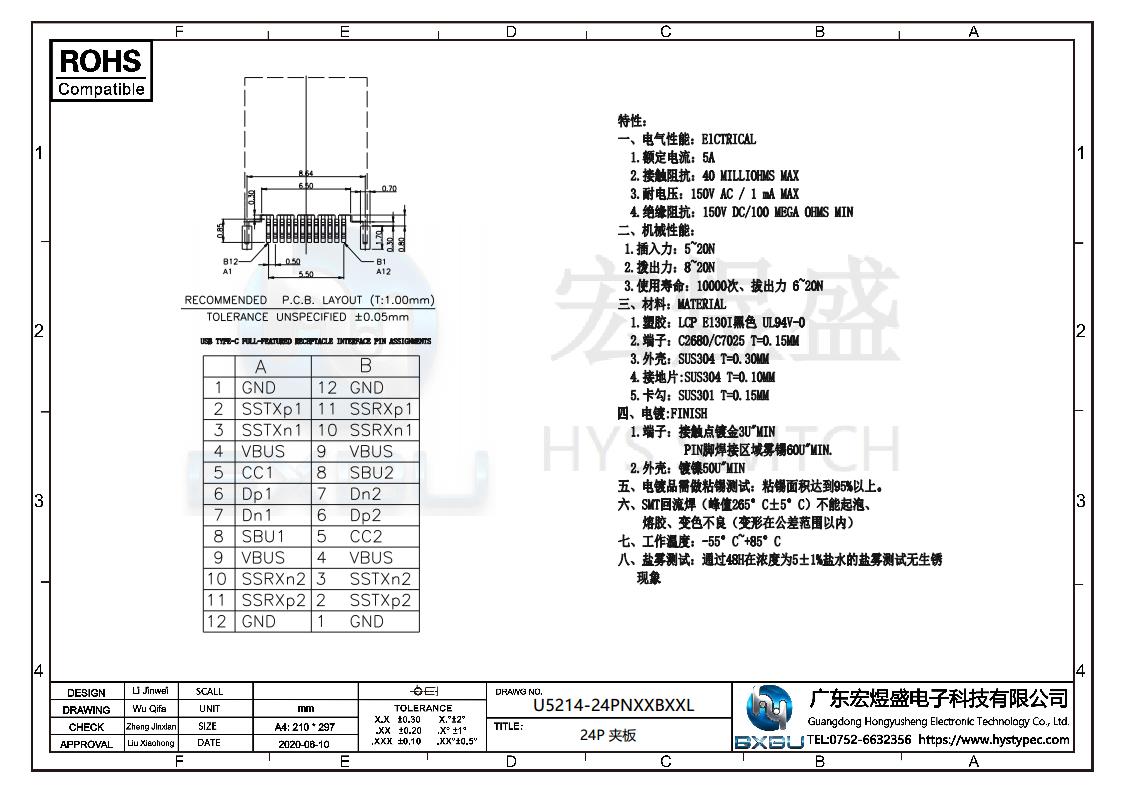 TYPE-C母座24P夹板 0.8 1.0 尺寸图