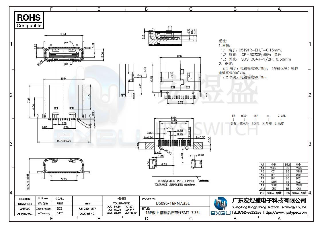 TYPE-C母座16P板上型斜口7.33L尺寸图