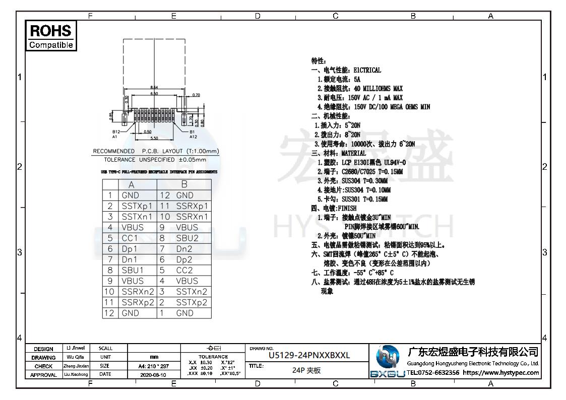 TYPE-C母座24P夹板 0.8 1.0 尺寸图